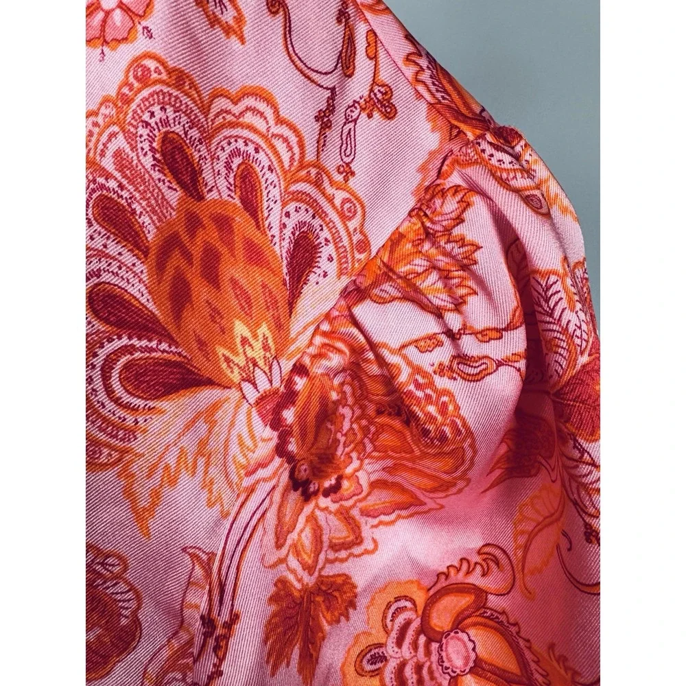 5a7 Cinq a Sept Kay Midi Dress Size 2 Pink Orange Floral Ruffle Faux Wrap Party